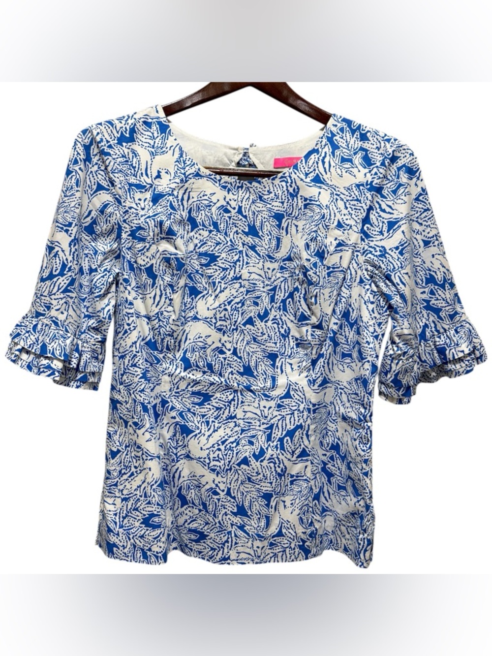 Lilly Pulitzer Lina Top Women 12 Blue White Foxed Up Print Ruffle Rare Preppy - Picture 3 of 11
